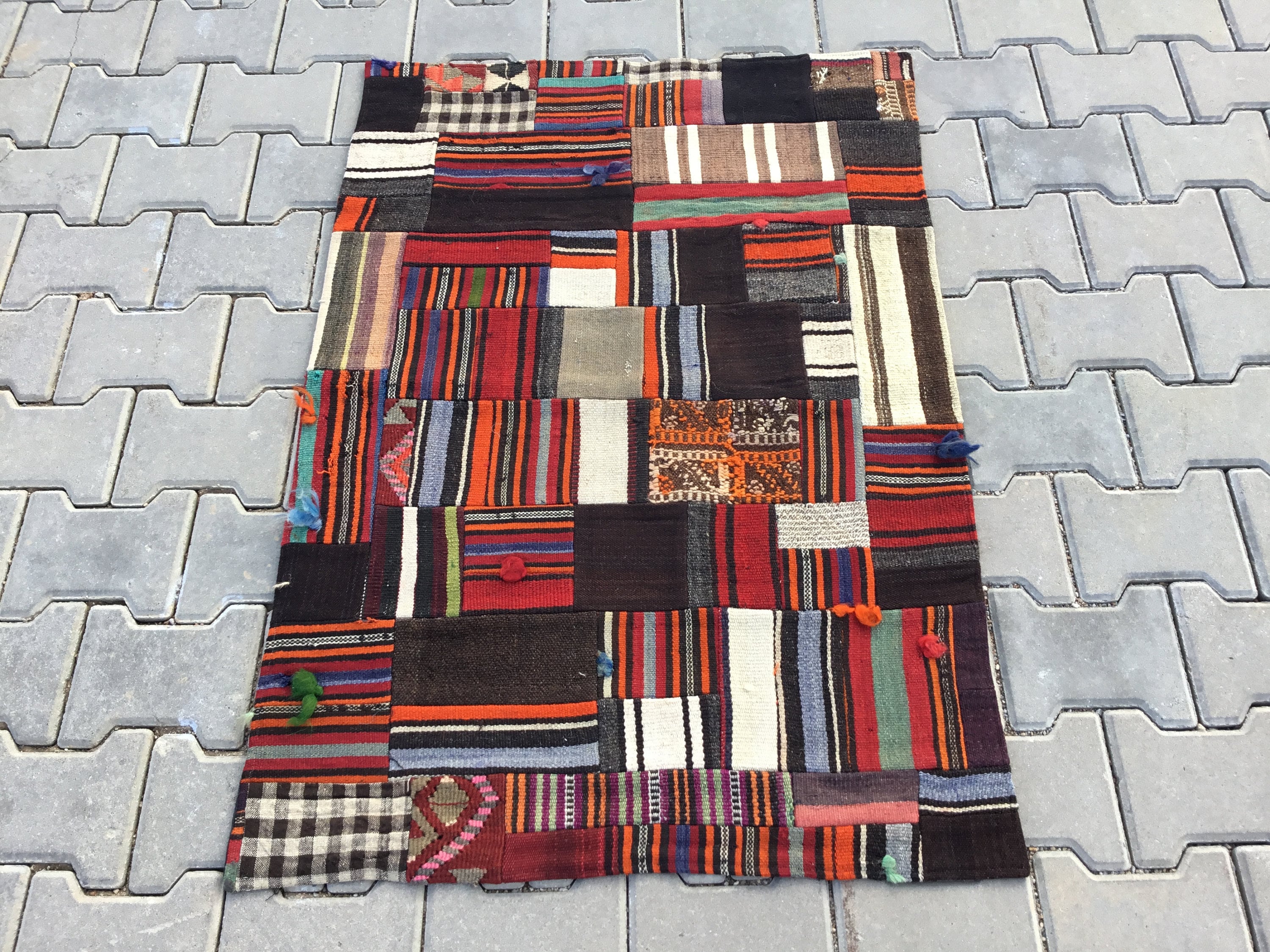 Hand-knotted Turkish Patchwork Rug: Colorful Vintage Anatolian Rug