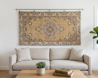 Tapeçaria de parede vintage turca Klim em lã, arte têxtil, decoração boho para sala de estar, tapeçaria étnica tecida à mão (1,37 x 2,47 m)
