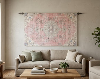 Tapeçaria de parede turca vintage em lã Klim, arte têxtil, decoração boho para sala de estar, tapeçaria étnica tecida à mão, 1,3 x 2,3 metros.