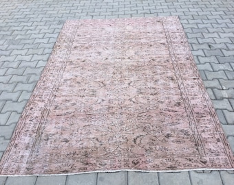 Vintage Oushak Wool Rug, Muted Pink Turkish Rug (5'4x8'3)