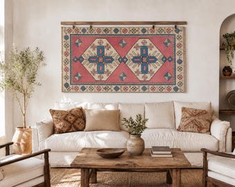 Tapeçaria de parede vintage turca em lã, arte têxtil, decoração boho para sala de estar, tapeçaria étnica tecida à mão (2,8 x 5,8 pés)