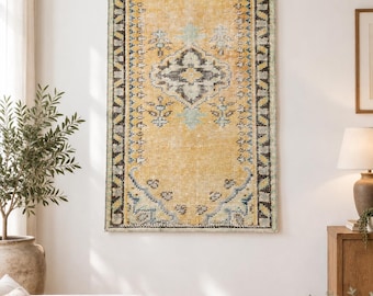 Tapeçaria de parede vintage turca Klim em lã, arte têxtil, decoração boho para sala de estar, tapeçaria étnica tecida à mão (66 x 124 cm)