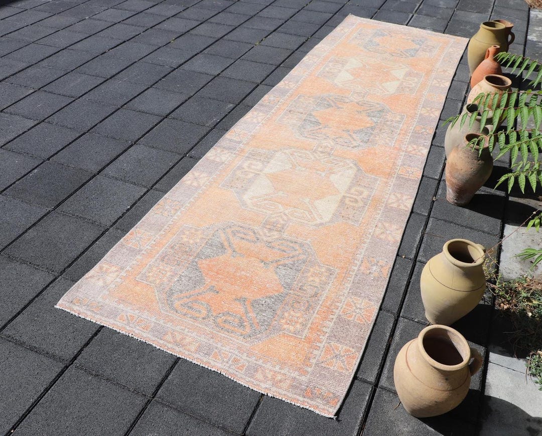 手織りトルコ製ランナーラグ：オレンジグレーヴィンテージ廊下用
