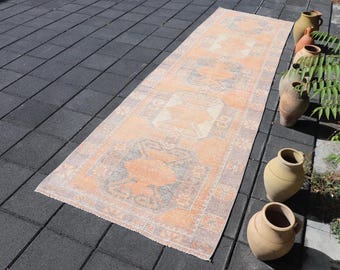 手織りトルコ製ランナーラグ：オレンジグレーヴィンテージ廊下用