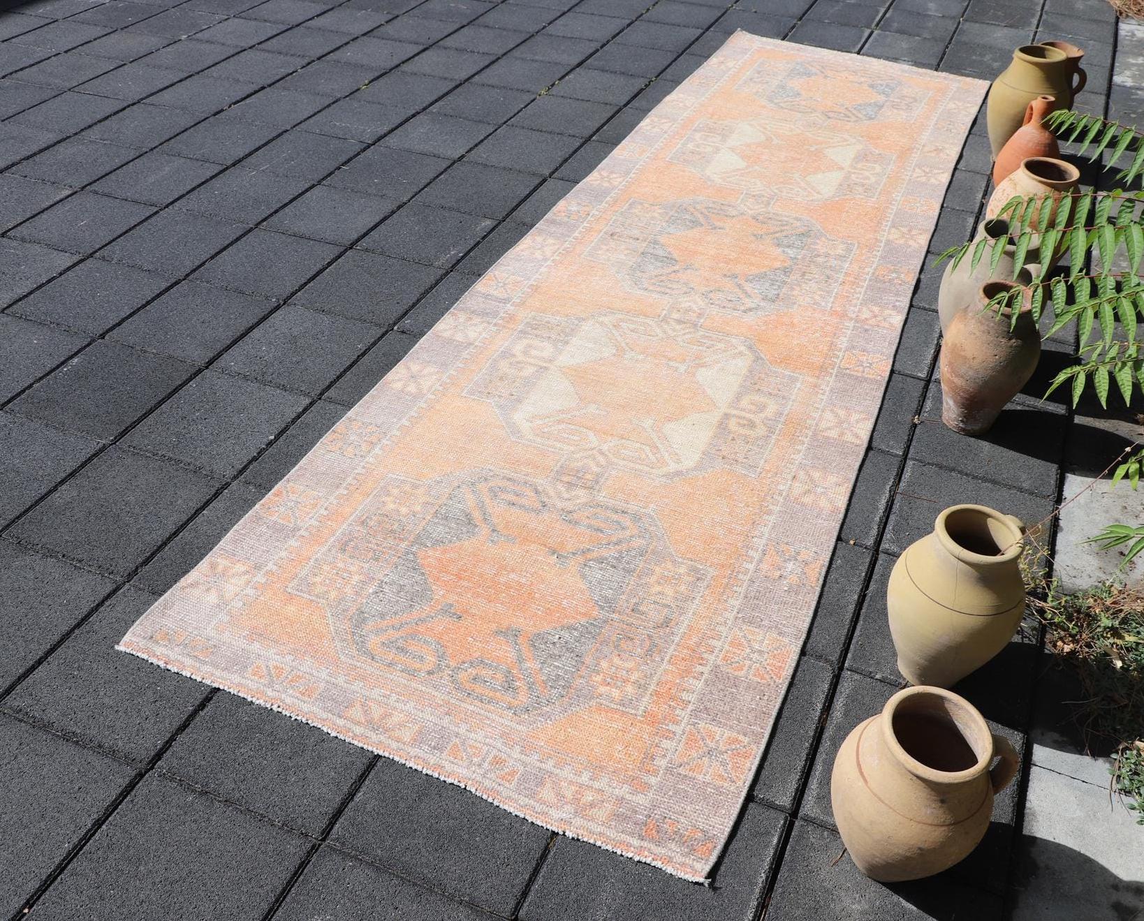 手織りトルコ製ランナーラグ：オレンジグレーヴィンテージ廊下用