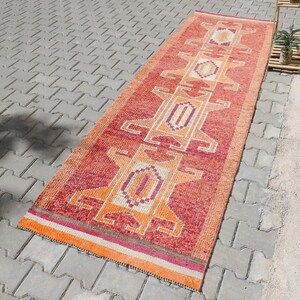 Tappeto da corridoio turco in lana annodato a mano: stile Oushak rosso-arancio, 3x10