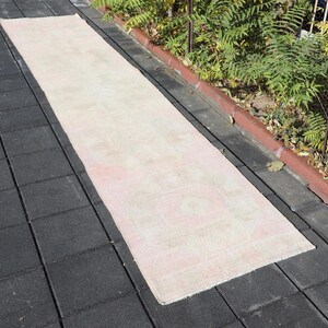 Vintage Turkish Runner Rug: 2x13 Pink Brown Neutral Hallway Rug