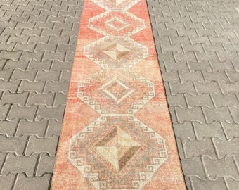 Hand-Knotted Turkish Oushak Runner Rug: Red Brown Beige Hallway Rug (2.5x10.1 ft)