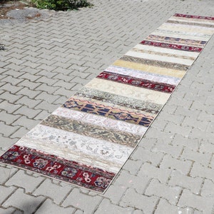 2x14 Turkish Beige Blue Brown Colorful Neutral Runner, Runner Rug, Handmade Runner, Long Runner, Turkish rug, Oushak Runner, 2.6x14.4 feet