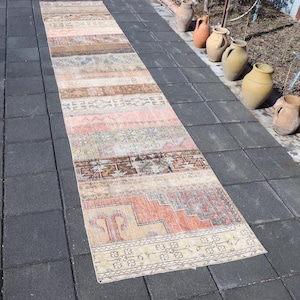 Peut inclure: Un tapis long et étroit, multicolore, à l'aspect délavé et vintage. Le tapis présente une variété de motifs et de couleurs, notamment le rose, le marron, le beige et le blanc. Le tapis est posé sur un sol en carrelage gris.