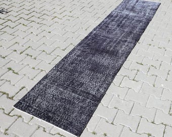 Black & Gray Turkish Runner Rug: Hand-Knotted Vintage Hallway Rug (2.1x9.7 ft)