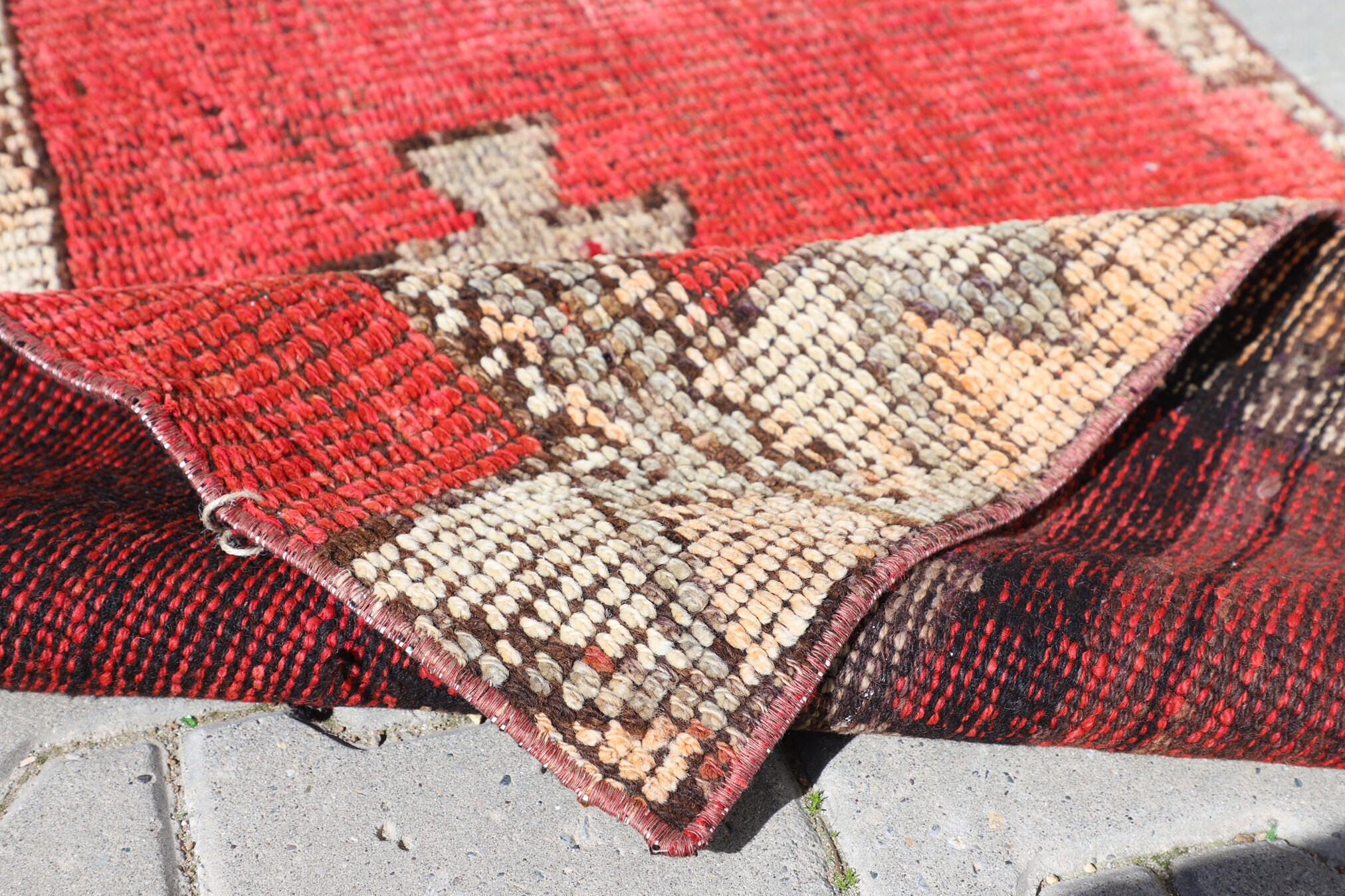 Hand-Knotted Turkish Rug: Red Small Rug, Entry Doormat (2'6x3'7 Feet)