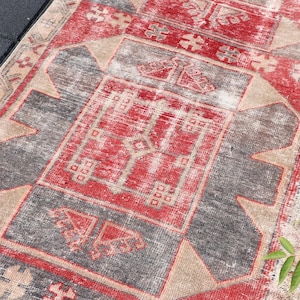 3x12 Turkish Red Gray Handmade Runner, Oushak Runner, 3x12 Runner Rug, Long Runner, Handmade Vintage Runner, Corridor Runner, 3.4x12.7 feet