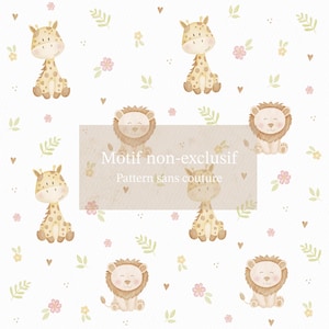 Non-exclusive seamless pattern pattern cute giraffe and lion savannah, minimalist, pastel, child, baby, sweet, fabric pattern