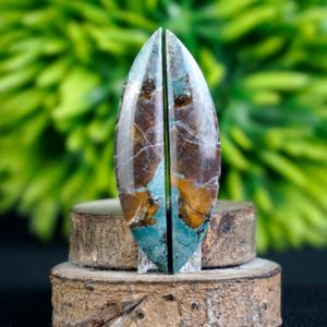 Puede incluir: Dos mitades de piedras preciosas pulidas, que muestran un llamativo patrón de vetas marrones, turquesas y blancas. Las piedras se exhiben sobre una base de madera rústica contra un fondo verde borroso, resaltando la belleza natural del material.