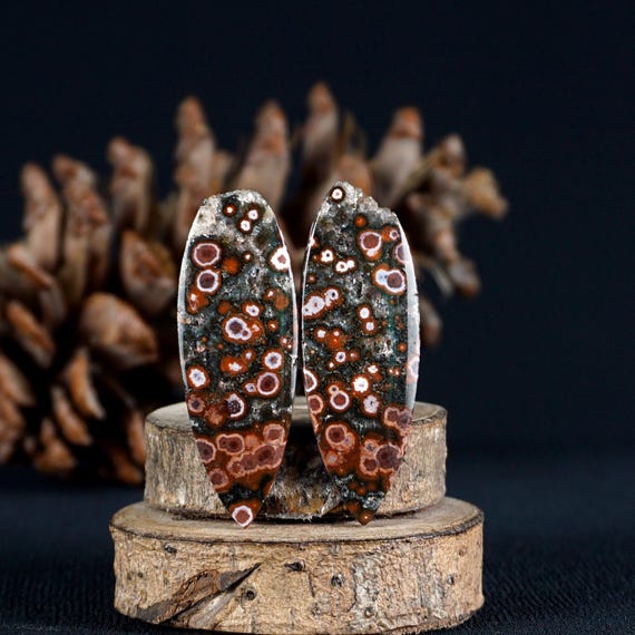 Ocean-inspired Orbicular Jasper Cab Pair – Red Orbs Dark Druzy