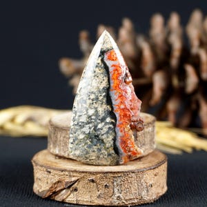 May include: A pointed, triangular, red, white and black agate cabochon with a natural, rough edge. The agate is set on a wooden display stand.