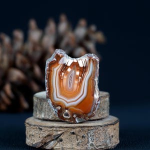 May include: A polished agate stone slice, displaying concentric bands of orange, white, and brown. The stone is presented on a rustic wooden base, against a dark backdrop. The natural gemstone has a unique, organic pattern.