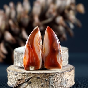 Puede incluir: Dos piedras de ágata pulidas con forma puntiaguda, que muestran bandas de color naranja, marrón y blanco. Las piedras están colocadas sobre una pequeña base de madera rústica, resaltando su belleza natural. El fondo está borroso.