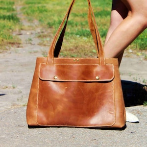 Leather Tote Bag, Soft Leather Campus Bag, Weekender Bag, Large Tote with Pocket, Wedding Gift Double Handle Grocery Bag Diaper Bag Book Bag