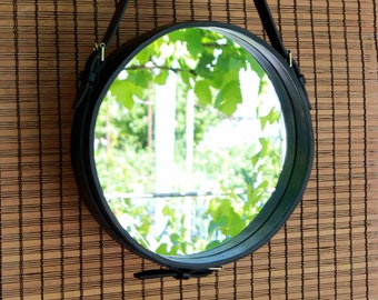 Leather Strapped Mirror, Handmade leather mirror, straps wall mirror, handmade mirror, mirror circular interior, leather decoration