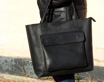 Large leather tote bag,Leather tote,Tote bag leather,Tote bag 2020,Leather tote woman, Leather tote,Custom tote, Leather Front pocket-Black