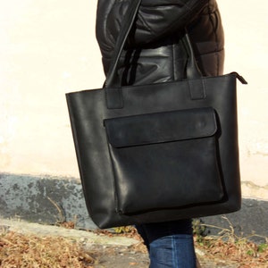 Large leather tote bag,Leather tote,Tote bag leather,Tote bag 2020,Leather tote woman, Leather tote,Custom tote, Leather Front pocket-Black