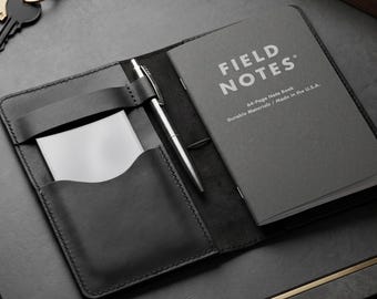 Läderanteckningar, läderjournalomslag för anteckningsblock 4,75x7,5" svart pitch/fullnarvat läder/iPhone-omslag, anpassade anteckningar