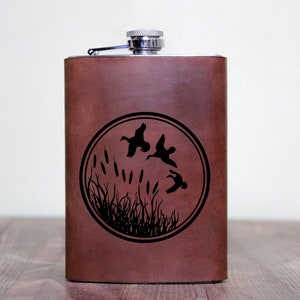 Duck Hunter Flask Leather Wrapped Hunter Flask Groomsman Gift Personalized Flask Engraved Steel Duck Hunter Flask Wedding Flask Hunter image 1