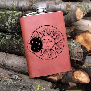 Sun and moon leather hip flask, funny gift flask, Custom leather flask 9oz flask, Personalized leather hip flask