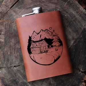 Stainless Steel Flask With Mountains Engraving - 9 Oz Alcohol Flask For Men And Women, Personalized gift 2023,trend 2024, 9 oz hip flask