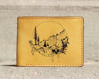 Nature Wallet Mens Leather Wallet Mountains Wallet Bifold Wallet Engraved Personalized Custom Wallet Gift Mountains Wallet sunshine wallet