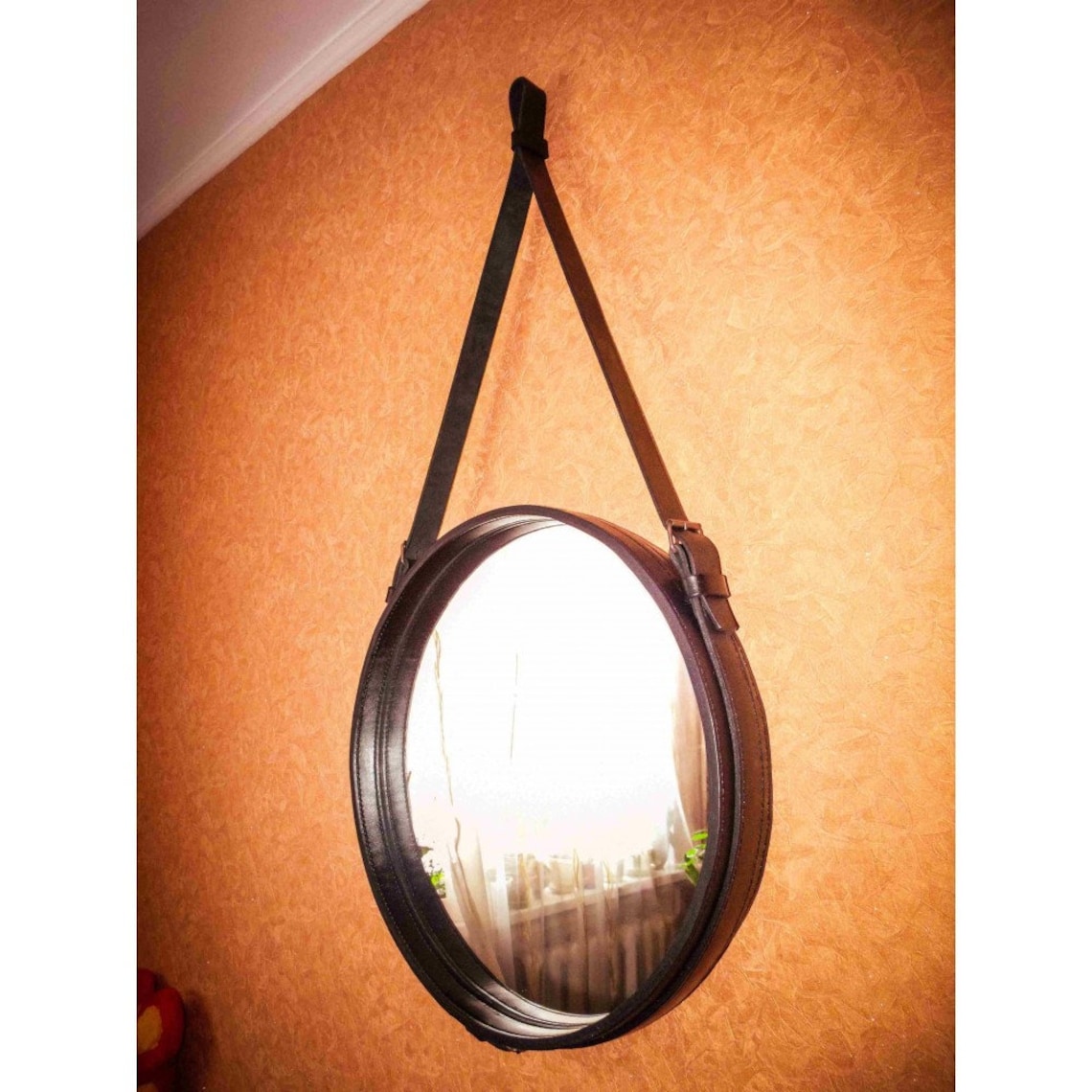 Round Mirror Leather Strap Mirror Roundleather Belt Mirror Etsy