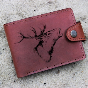 Herren Leder Bi-Fold Portemonnaie mit Wunschtext,Elch Jagd,JagdPortemonnaie,JagdGeschenk,ekl graviert,personalisiertes Portemonnaie