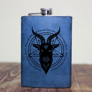 PENTAGRAM OF BAPHOMET - leather custom flask, Best gift for Satanic, Gift for Goth&lt; Gift for Biker