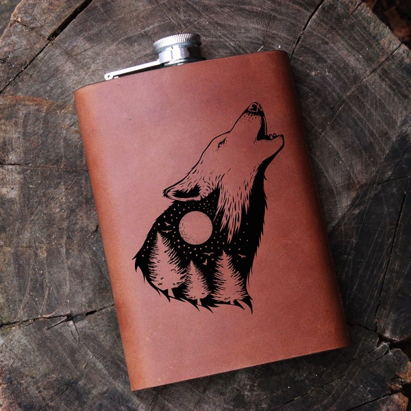 Personalized Wolf 9oz Forest Flask Leather Wrapped Flask Groomsman Personalized Flask Engraved Steel Wolf Moon Forest Wedding Flask Groom