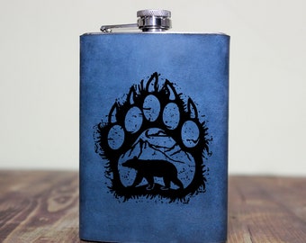 Bear paw flask,9oz,custom paw Flask,Leather Wrapped Flask,Groomsman Gift,Personalized Flask,Engraved Steel Flask,Wedding Flask gift