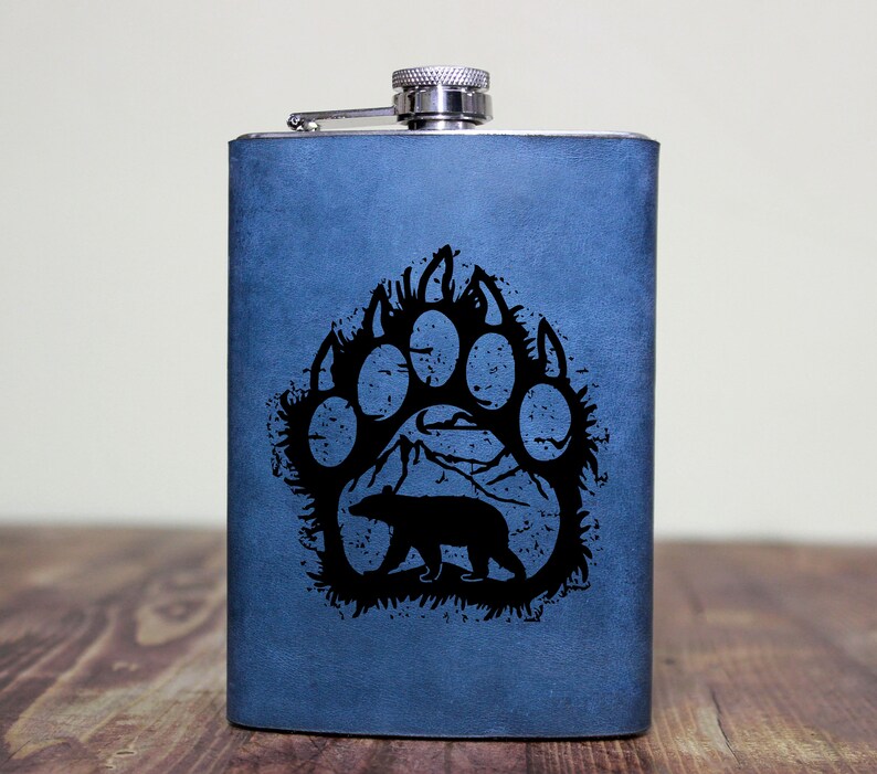 Bear paw flask,9oz,custom paw Flask,Leather Wrapped Flask,Groomsman Gift,Personalized Flask,Engraved Steel Flask,Wedding Flask gift