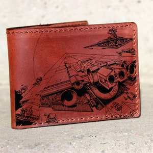Nave espacial Wars Leather Wallet, Mens Personalized leather Wallet, Men Leather wallet, Star ships coins wallet, war of galaxy, bifold gift