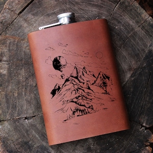 Mountain 9 oz Hip Flask,Personalized Mens Gift Whiskey Drinking Groomsmen Wedding Guys Boyfriend Camping Outdoorsy Backpacking