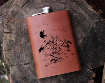 Mountain 9 oz Hip Flask,Personalized Mens Gift Whiskey Drinking Groomsmen Wedding Guys Boyfriend Camping Outdoorsy Backpacking