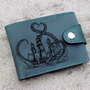 Octopus Wallet Octopus Attacks Mens Leather Wallet Leather Personalized Wallet Octopus Nautical Gift wallet, Octopus Bifold Wallet Wedding