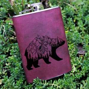 Bear 9oz Nature Flask Leather Wrapped Hunter Flask Groomsman Gift Personalized Flask Engraved Steel Bear Flask Wedding Flask Hunter