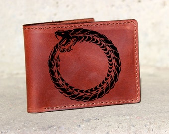 Jormungand Dragon Celtic Leather Wallet, North Runes Dragon Card Bifold Men Wallet, Viking Ouroboros Credit card wallet,Nordic Gift wallet