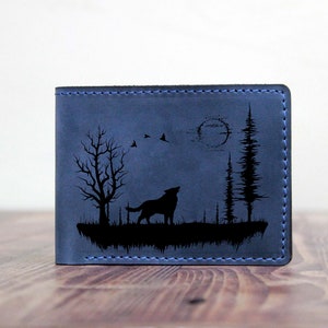 Lobo, billetera de lobo, hombres, billetera de cuero, lobo aullador, bosque, naturaleza, billetera de cuero de lobo, billetera personalizada, billetera grabada, billetera personalizada