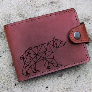 Urso geométrico, presente de urso, urso personalizado, carteira de couro masculina, carteira masculina, carteira de pássaros, carteira de couro, carteira fina, de volta às aulas
