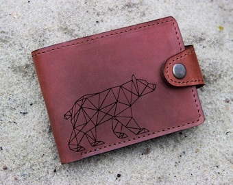 Oso geométrico, regalo de oso, oso personalizado, billetera de cuero para hombres, billetera para hombres, billetera de pájaros, billetera de cuero, billetera delgada, regreso a la escuela