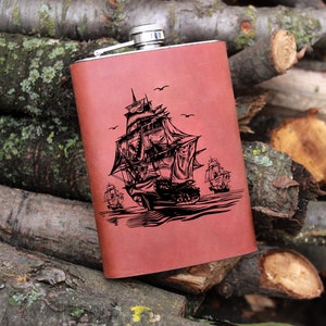 Pirate ship flask Funny gift flask, personalized leather flask, monogram leather flask, gift flask, travel flask