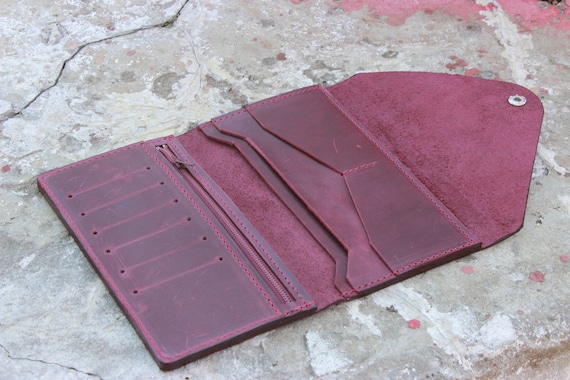 Handmade Burgundy Leather Wallet: Long Bifold With Card Holder - Etsy