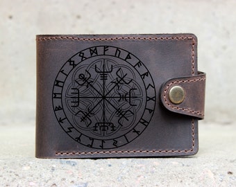 Vegvisir Viking Compass Bifold Leather Wallet, Vegvisir Norse Runes Personalized Men Wallet, Credit card wallet, Viking compass men wallet